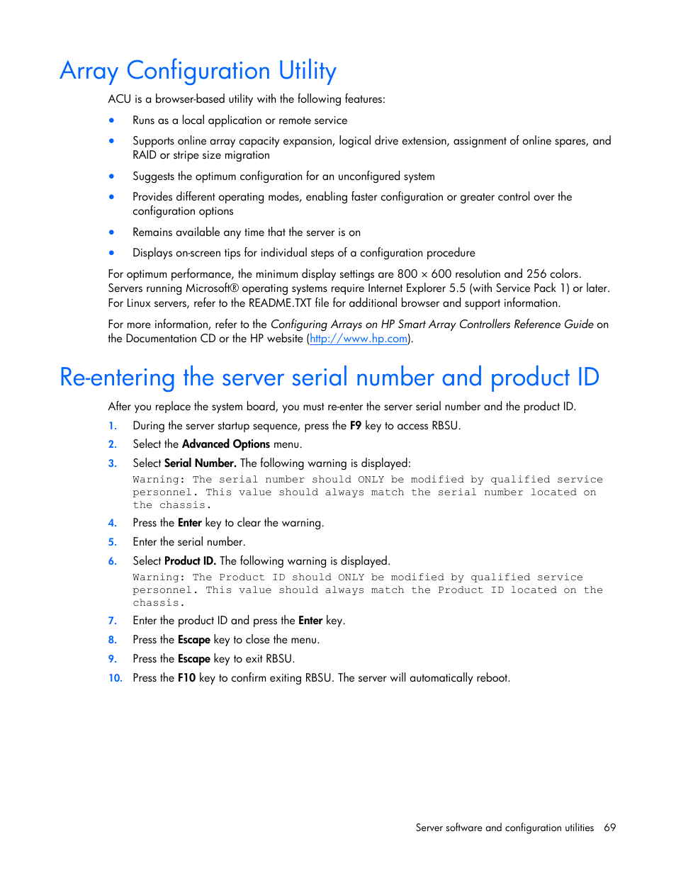 Array configuration utility | HP DL580 User Manual | Page 69 / 108
