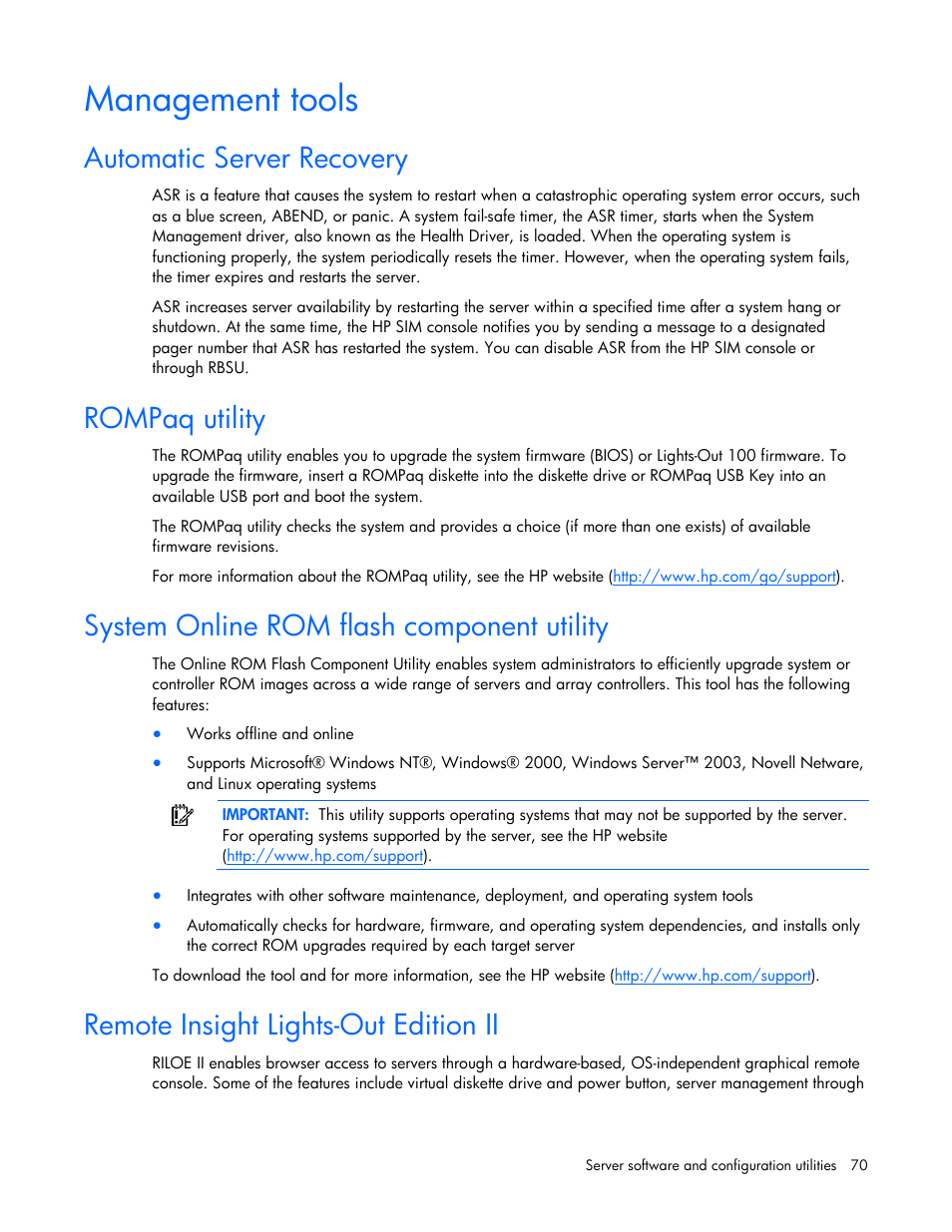 Management tools, Automatic server recovery, Rompaq utility | System online rom flash component utility, Remote insight lights-out edition ii | HP DL580 User Manual | Page 70 / 108