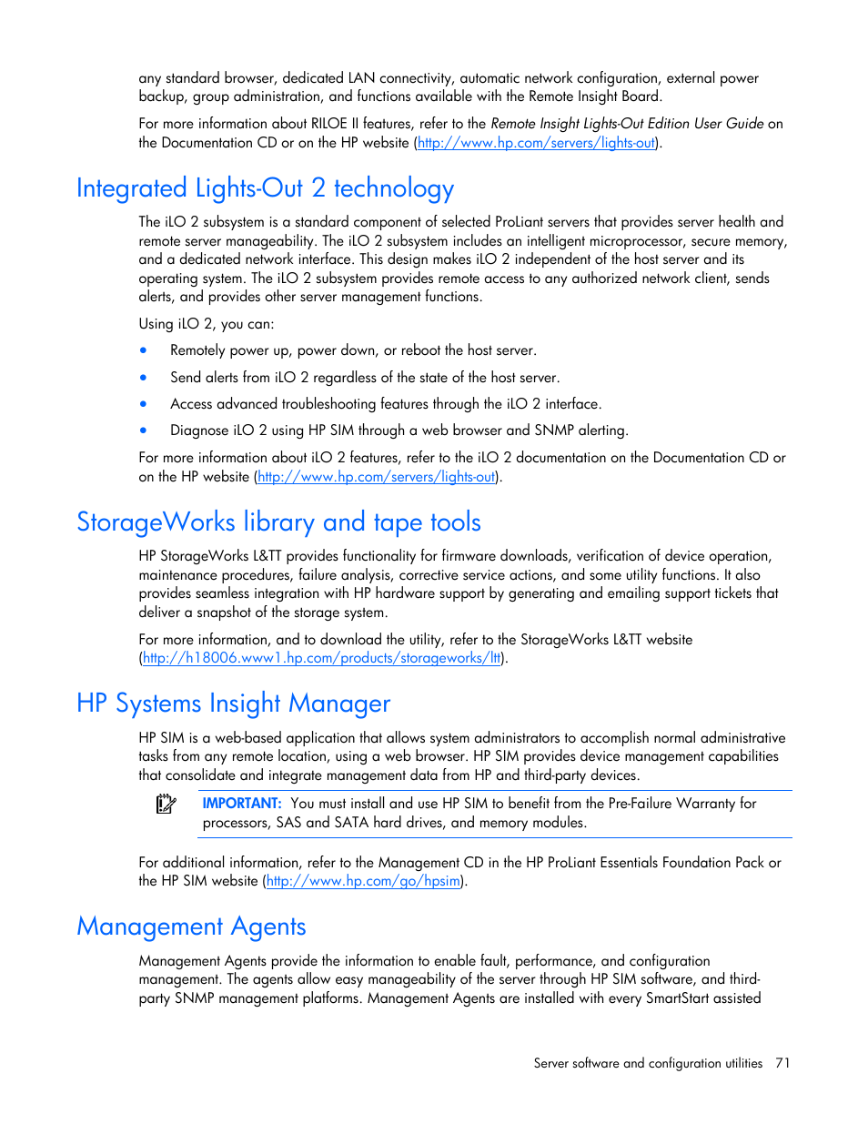 Integrated lights-out 2 technology, Storageworks library and tape tools, Hp systems insight manager | Management agents | HP DL580 User Manual | Page 71 / 108