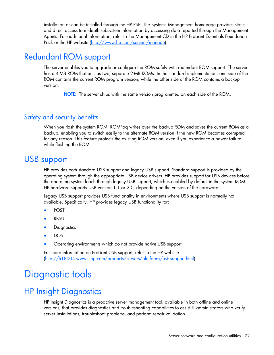 Redundant rom support, Safety and security benefits, Usb support | Diagnostic tools, Hp insight diagnostics, S utility | HP DL580 User Manual | Page 72 / 108
