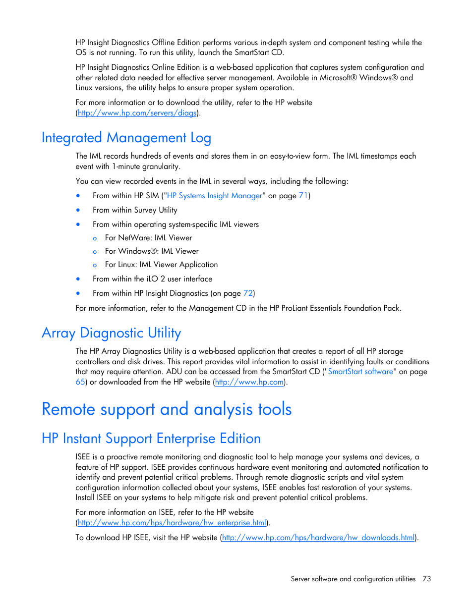 Integrated management log, Array diagnostic utility, Remote support and analysis tools | Hp instant support enterprise edition, And erase utility | HP DL580 User Manual | Page 73 / 108