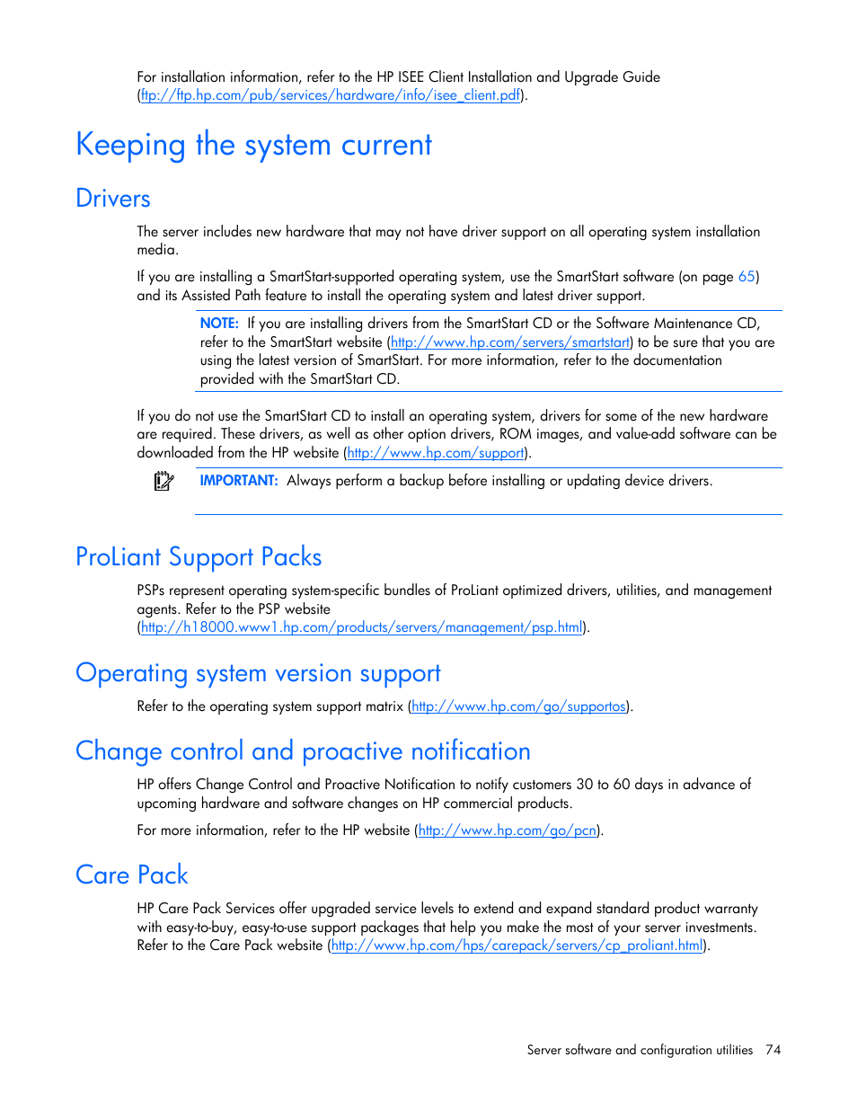 Keeping the system current, Drivers, Proliant support packs | Operating system version support, Change control and proactive notification, Care pack | HP DL580 User Manual | Page 74 / 108