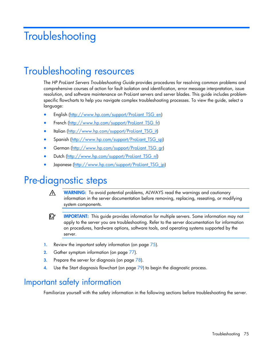 Troubleshooting, Troubleshooting resources, Pre-diagnostic steps | Important safety information | HP DL580 User Manual | Page 75 / 108