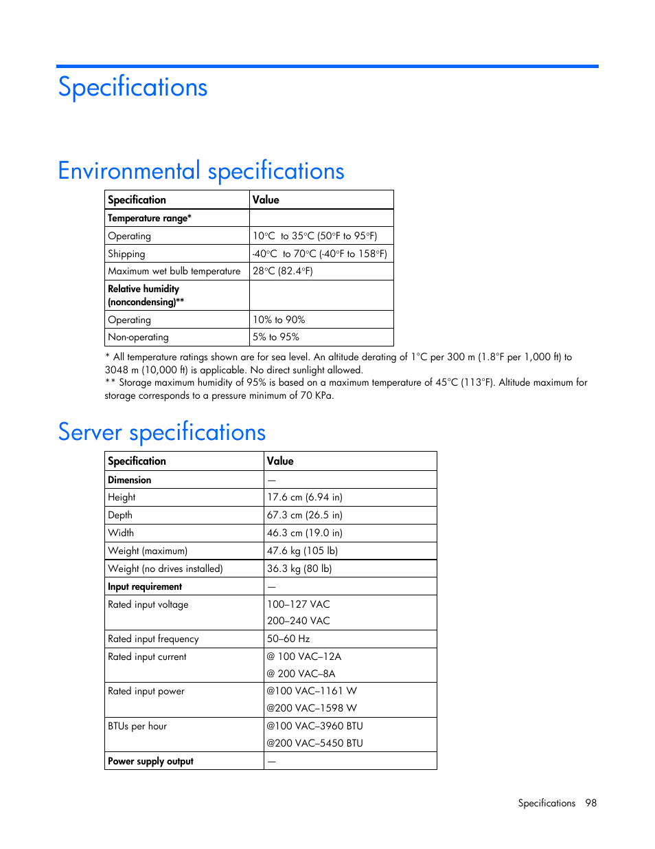 Specifications, Environmental specifications, Server specifications | HP DL580 User Manual | Page 98 / 108