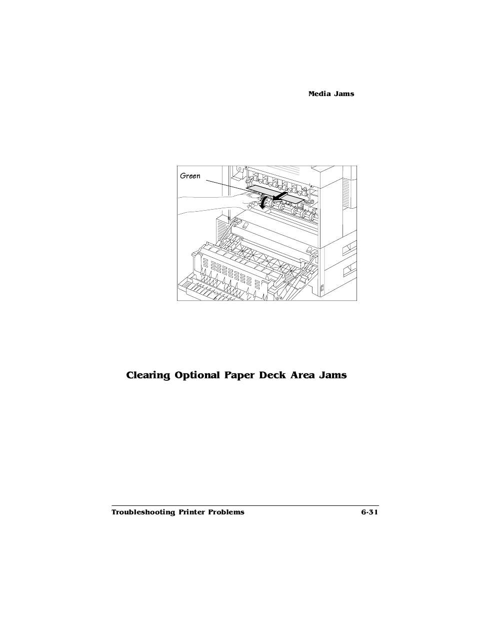 Clearing optional paper deck area jams, Clearing optional paper deck area jams 6-31, Ohdulqj2swlrqdo3dshu'hfn$uhd-dpv | HP 2425 User Manual | Page 111 / 186