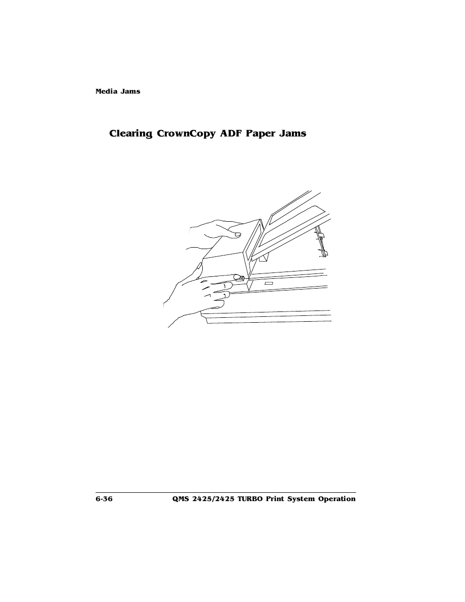 Clearing crowncopy adf paper jams, Clearing crowncopy adf paper jams 6-36, Ohdulqj&urzq&rs\$')3dshu-dpv | HP 2425 User Manual | Page 116 / 186