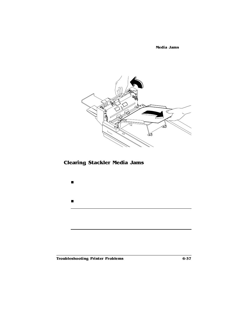 Clearing stackler media jams, Clearing stackler media jams 6-37, He “clearing stackler jams | Ohdulqj6wdfnohu0hgld-dpv | HP 2425 User Manual | Page 117 / 186