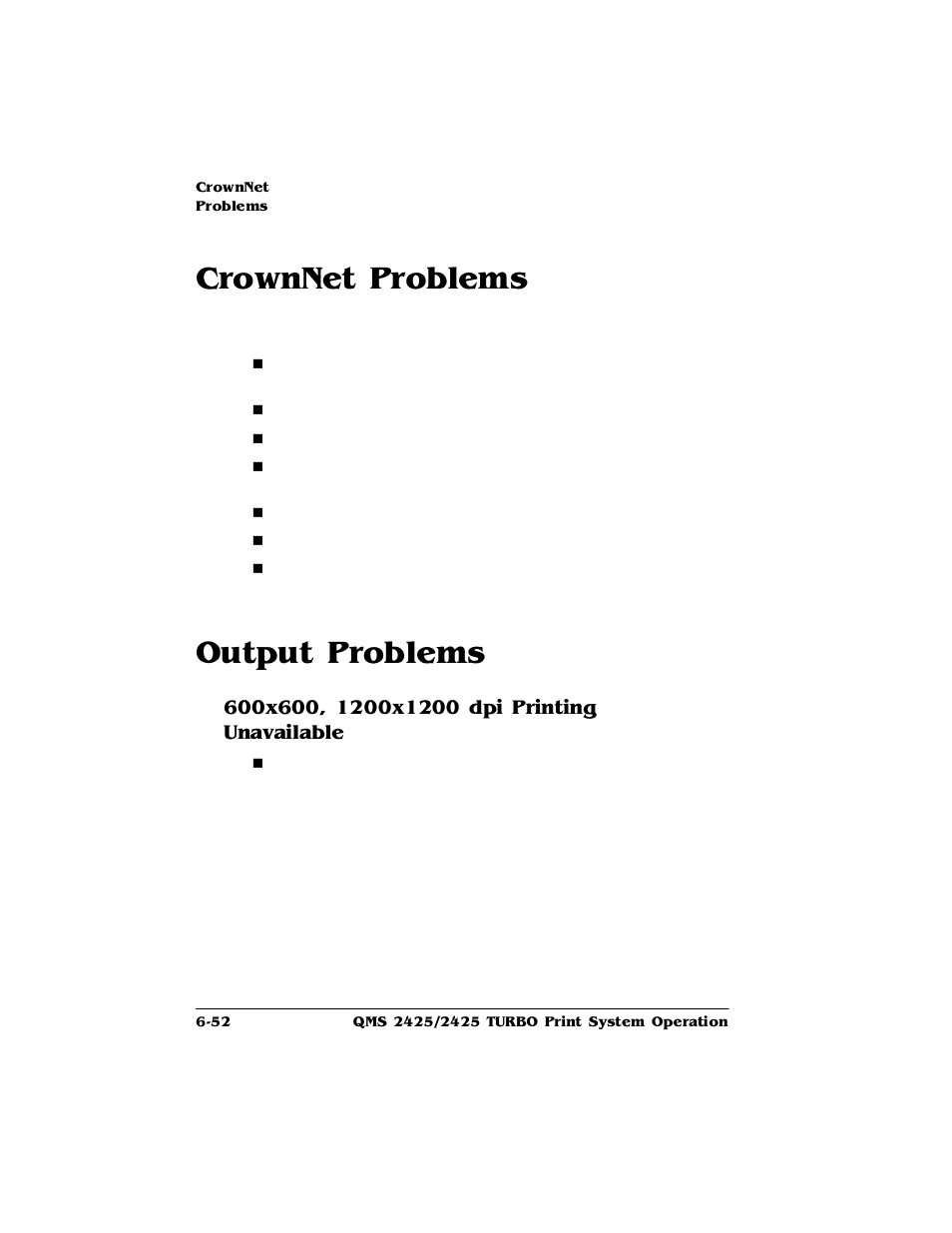 Crownnet problems, Output problems, 600x600, 1200x1200 dpi printing unavailable | Crownnet problems -52, Output problems -52, 600x600, 1200x1200 dpi printing unavailable 6-52, Urzq1hw3ureohpv, 2xwsxw3ureohpv, Gsl3ulqwlqj 8qdydlodeoh | HP 2425 User Manual | Page 132 / 186