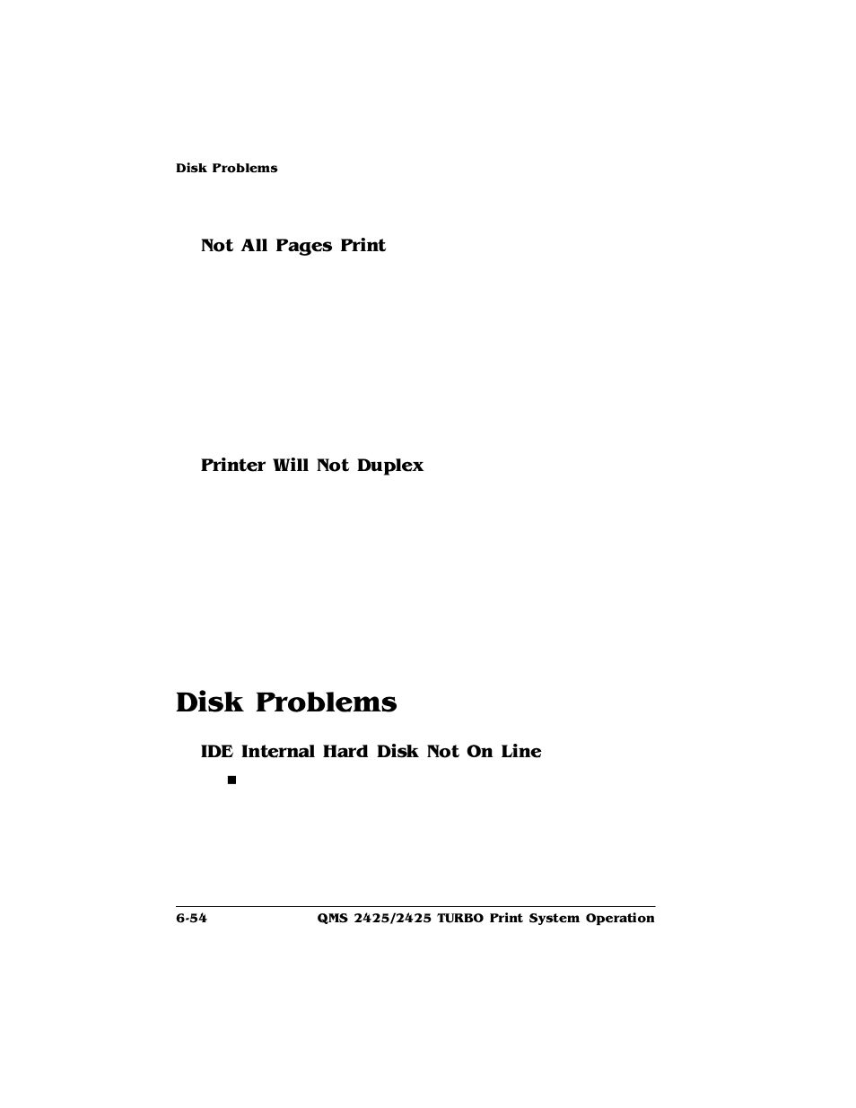 Printer will not duplex, Disk problems, Ide internal hard disk not on line | Disk problems -54, Ide internal hard disk not on line 6-54, Lvn3ureohpv, 1rw$oo3djhv3ulqw, 3ulqwhu:loo1rw'xsoh, Qwhuqdo+dug'lvn1rw2q/lqh | HP 2425 User Manual | Page 134 / 186