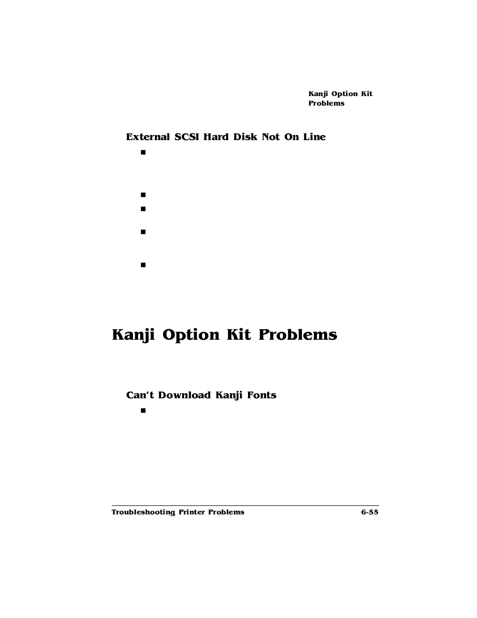 External scsi hard disk not on line, Kanji option kit problems, Can't download kanji fonts | External scsi hard disk not on line 6-55, Kanji option kit problems -55, Can't download kanji fonts 6-55, Dqml2swlrq.lw3ureohpv, Whuqdo6&6,+dug'lvn1rw2q/lqh, Dq w'rzqordg.dqml)rqwv | HP 2425 User Manual | Page 135 / 186