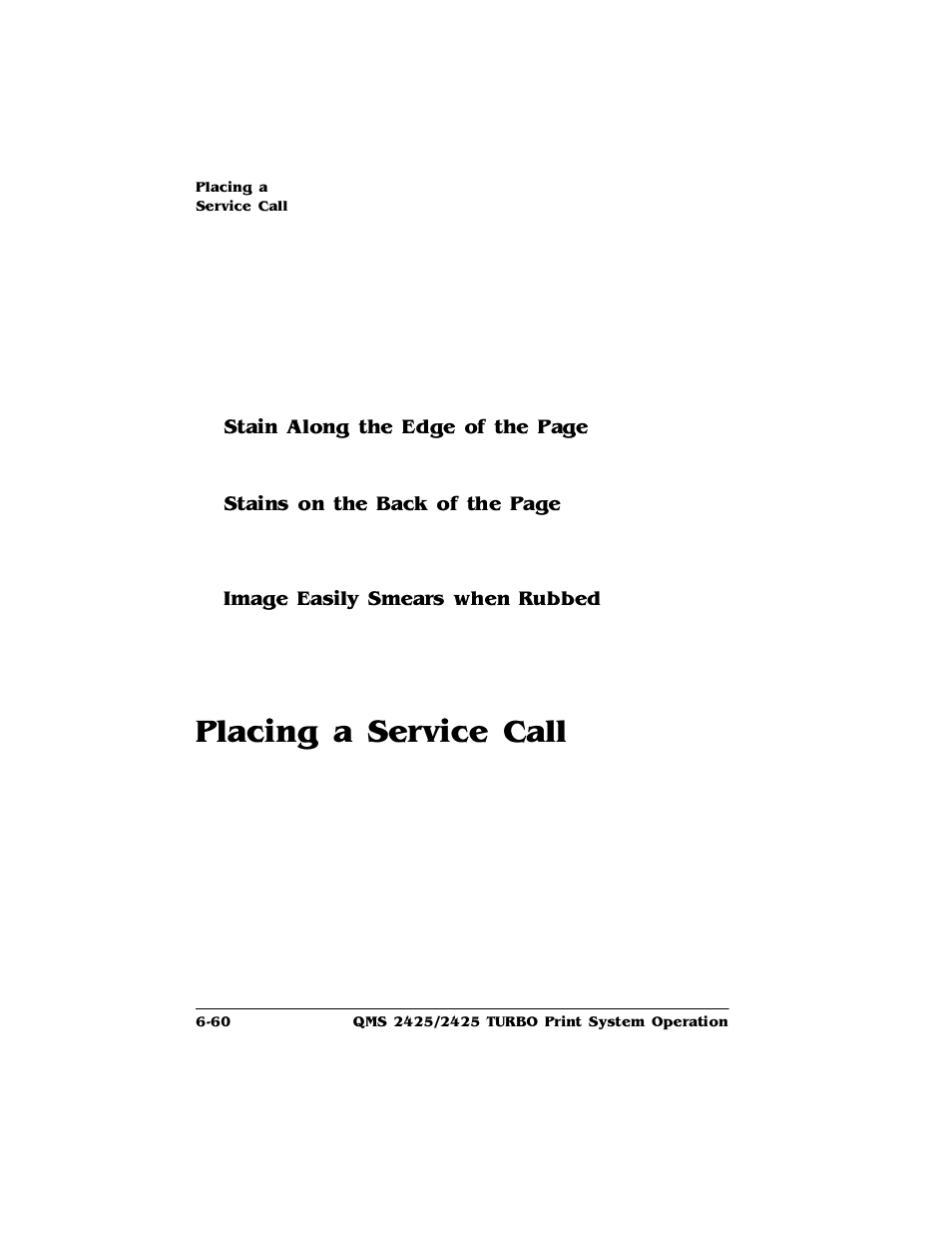 Image easily smears when rubbed, Placing a service call, Placing a service call -60 | 3odflqjd6huylfh&doo, 6wdlq$orqjwkh(gjhriwkh3djh, 6wdlqvrqwkh%dfnriwkh3djh, Pdjh(dvlo\6phduvzkhq5xeehg | HP 2425 User Manual | Page 140 / 186