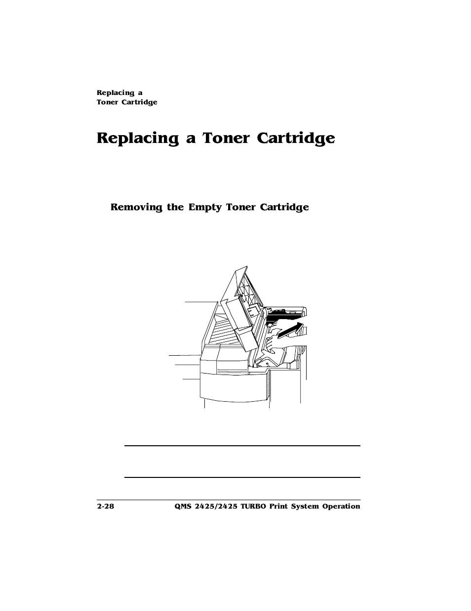 Replacing a toner cartridge, Removing the empty toner cartridge, Replacing a toner cartridge -28 | Removing the empty toner cartridge 2-28, 5hsodflqjd7rqhu&duwulgjh, 5hprylqjwkh(psw\7rqhu&duwulgjh | HP 2425 User Manual | Page 40 / 186