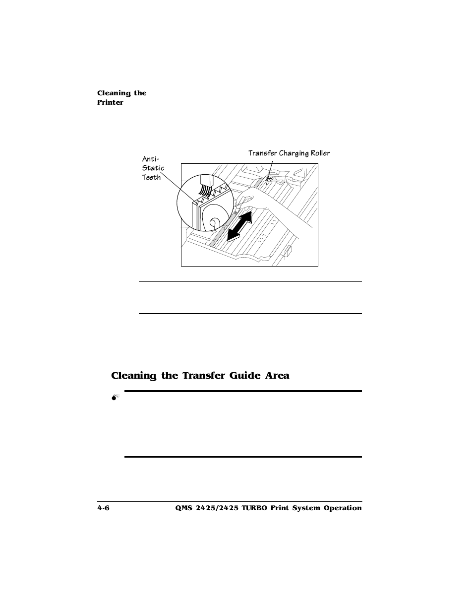 Cleaning the transfer guide area, Cleaning the transfer guide area 4-6, Ohdqlqjwkh7udqvihu*xlgh$uhd | HP 2425 User Manual | Page 66 / 186