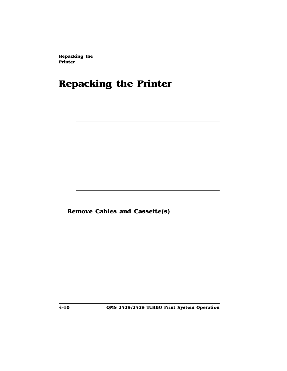 Repacking the printer, Remove cables and cassette(s), Repacking the printer -10 | Remove cables and cassette(s) 4-10, 5hsdfnlqjwkh3ulqwhu, 5hpryh&deohvdqg&dvvhwwh v | HP 2425 User Manual | Page 70 / 186