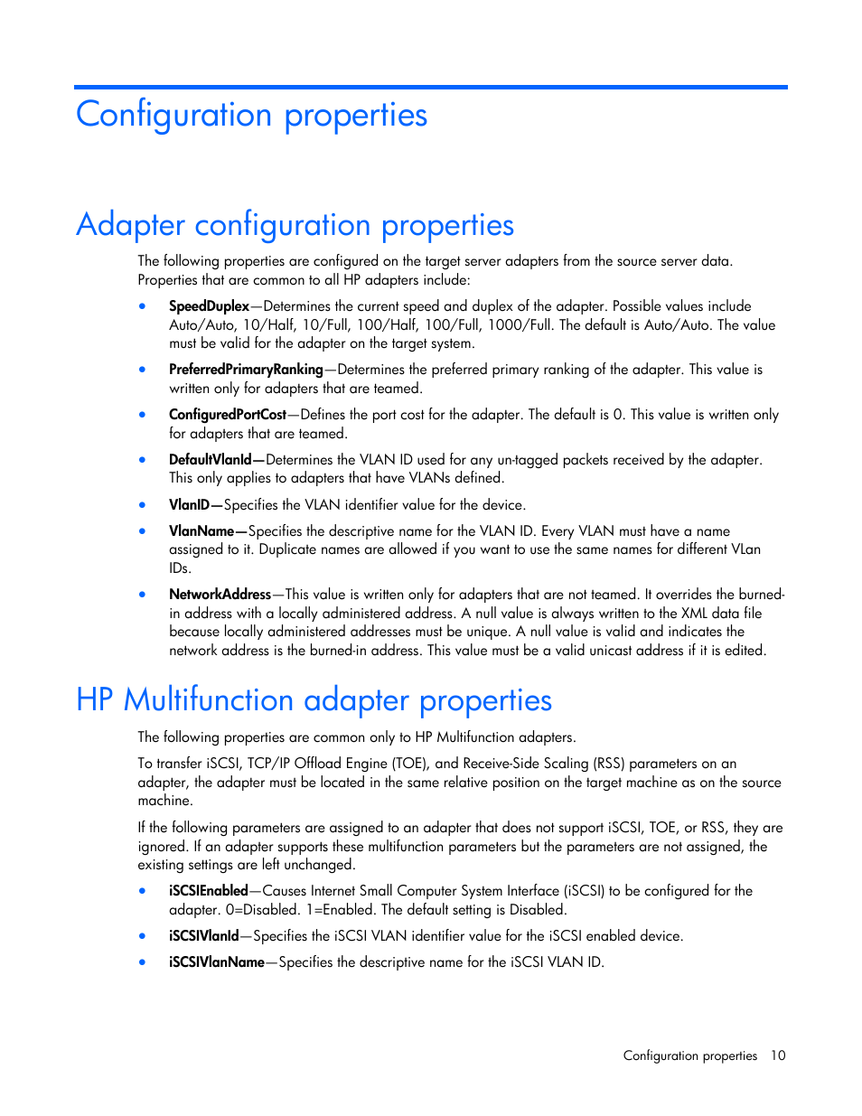 Configuration properties, Adapter configuration properties, Hp multifunction adapter properties | HP 289166-40B User Manual | Page 10 / 19