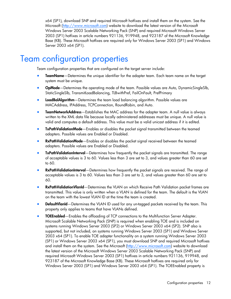 Team configuration properties | HP 289166-40B User Manual | Page 12 / 19