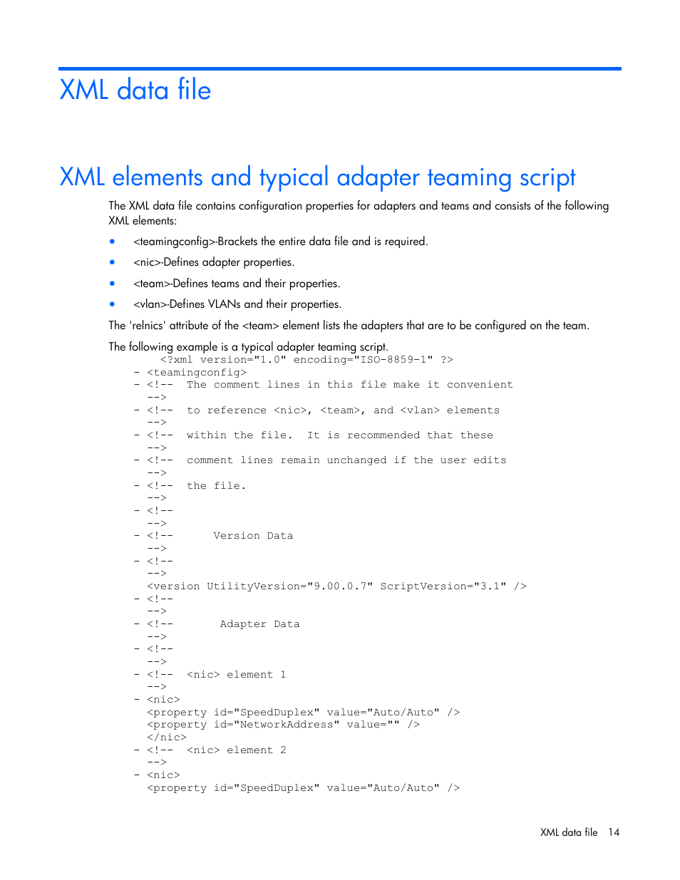 Xml data file, Xml elements and typical adapter teaming script | HP 289166-40B User Manual | Page 14 / 19