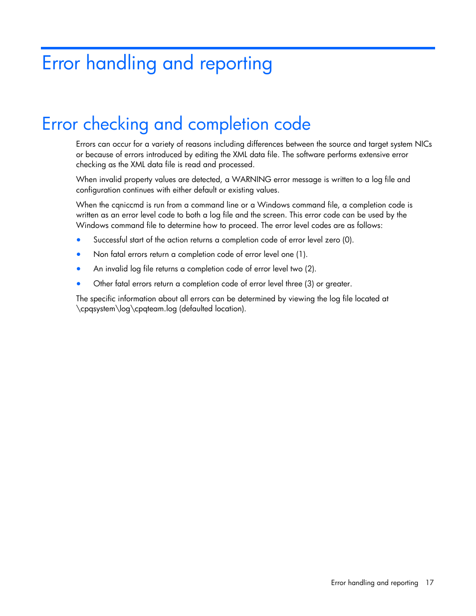 Error handling and reporting, Error checking and completion code | HP 289166-40B User Manual | Page 17 / 19