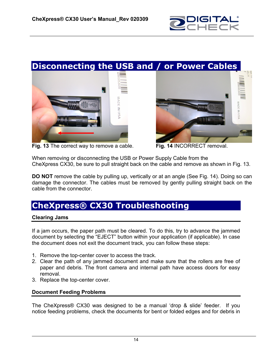 Disconnecting the usb and / or power cables, Chexpress® cx30 troubleshooting, Clearing jams | Document feeding problems | HP CheXpress CX30 User Manual | Page 14 / 22