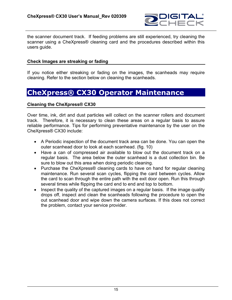 Check images are streaking or fading, Chexpress® cx30 operator maintenance, Cleaning the chexpress® cx30 | HP CheXpress CX30 User Manual | Page 15 / 22