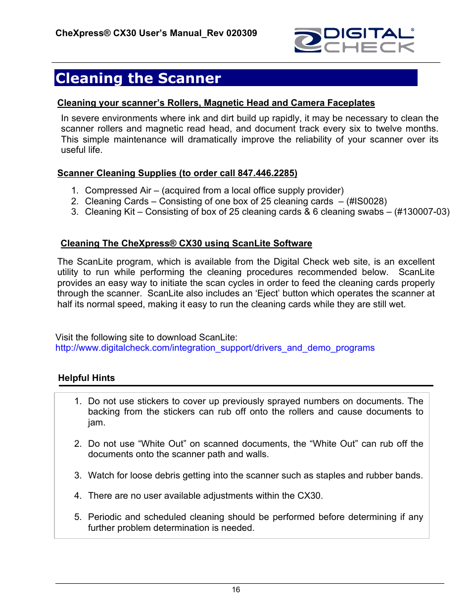 Cleaning the scanner | HP CheXpress CX30 User Manual | Page 16 / 22
