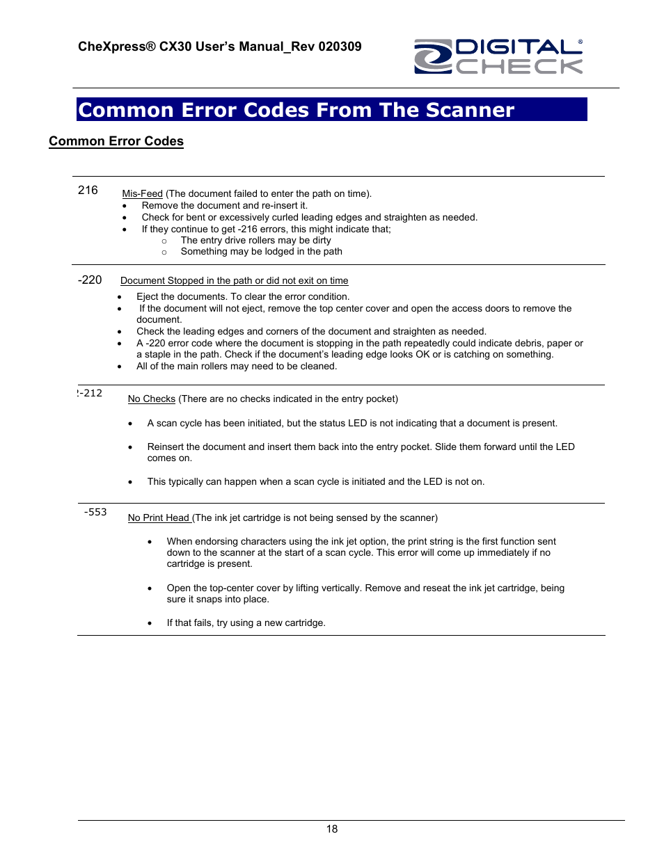Common error codes from the scanner | HP CheXpress CX30 User Manual | Page 18 / 22