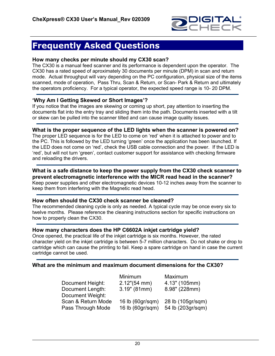 Frequently asked questions | HP CheXpress CX30 User Manual | Page 20 / 22