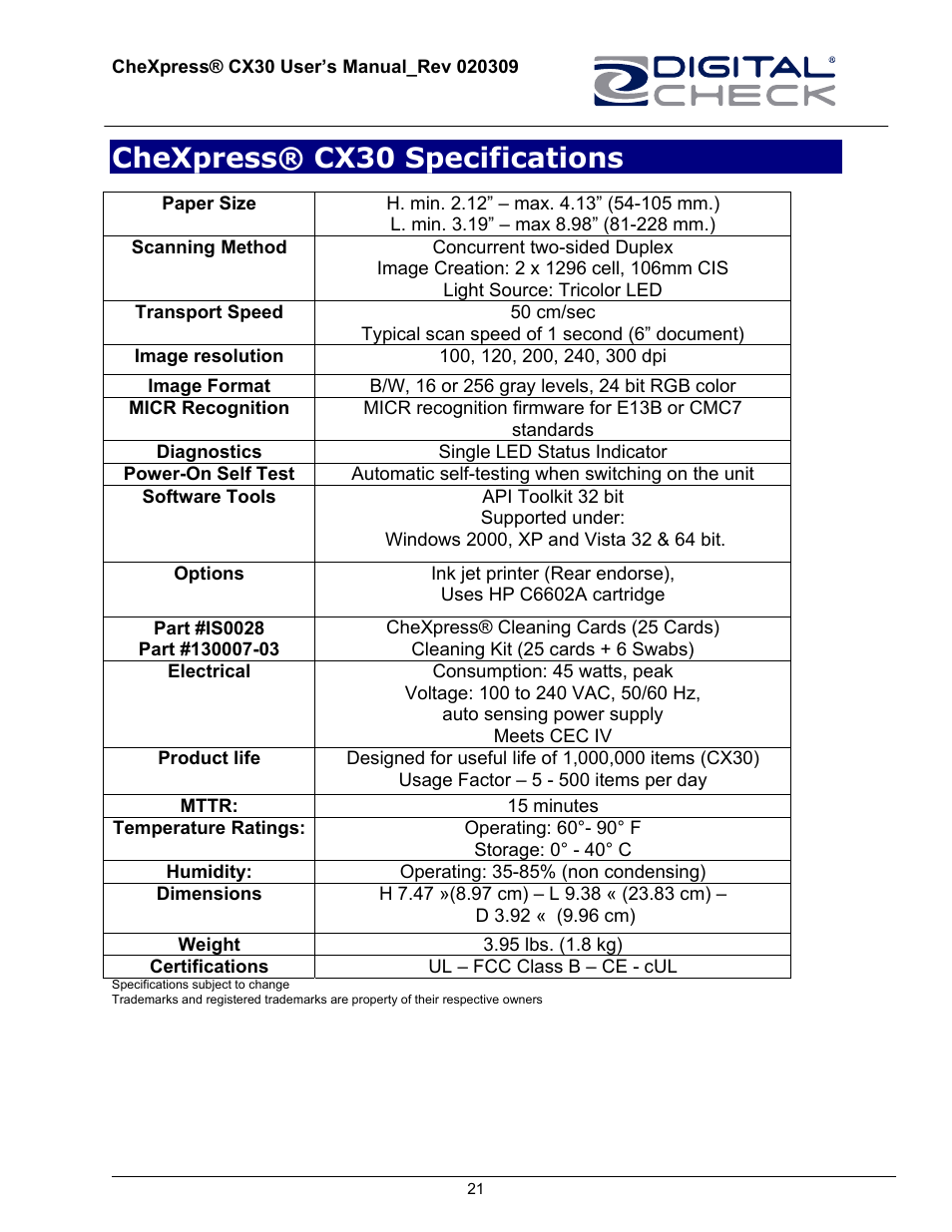 Chexpress® cx30 specifications | HP CheXpress CX30 User Manual | Page 21 / 22