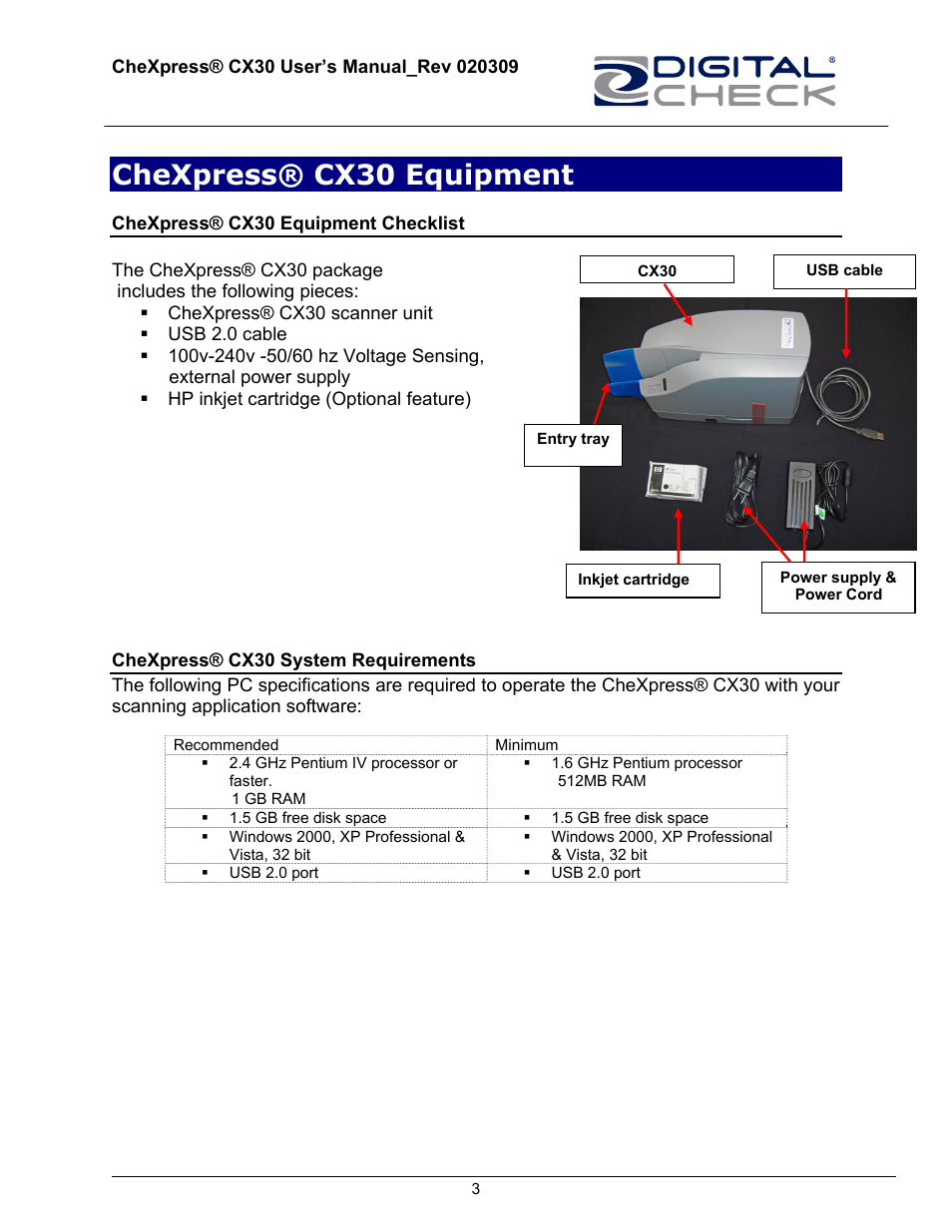 Chexpress® cx30 equipment, Chexpress® cx30 equipment checklist, Chexpress® cx30 system requirements | HP CheXpress CX30 User Manual | Page 3 / 22