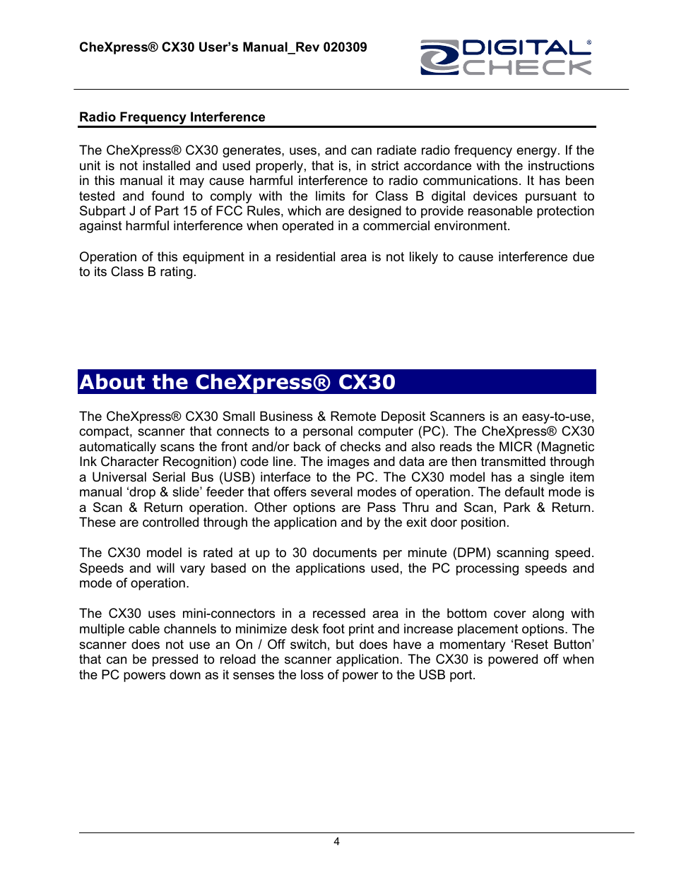 Radio frequency interference, About the chexpress® cx30 | HP CheXpress CX30 User Manual | Page 4 / 22