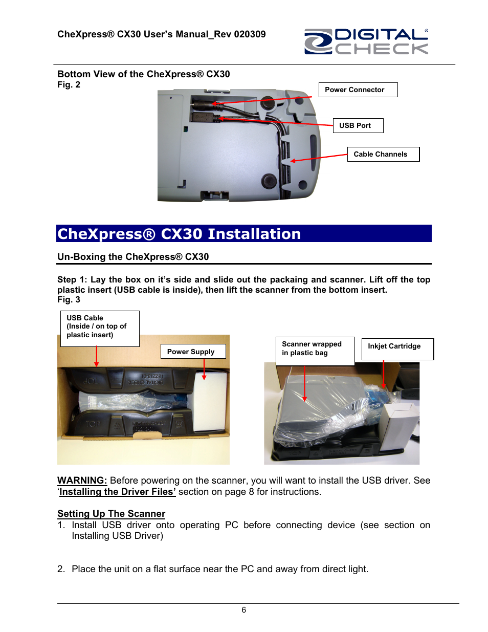 Bottom view of the chexpress® cx30, Fig. 2, Chexpress® cx30 installation | Un-boxing the chexpress® cx30 | HP CheXpress CX30 User Manual | Page 6 / 22