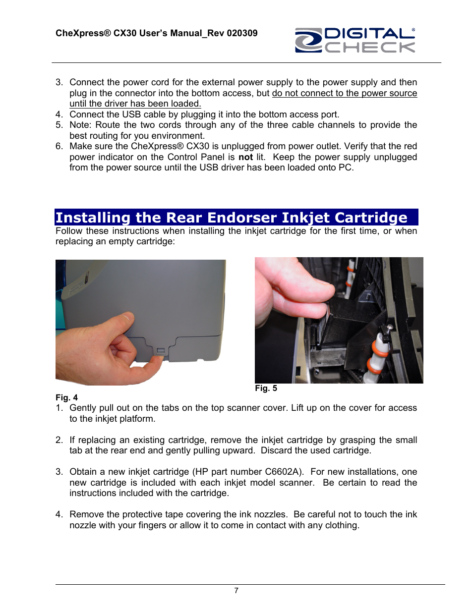 Installing the rear endorser inkjet cartridge | HP CheXpress CX30 User Manual | Page 7 / 22