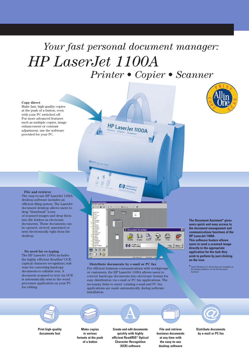 Hp laserjet 1100a, Your fast personal document manager, Printer • copier • scanner | HP 1100 User Manual | Page 5 / 8