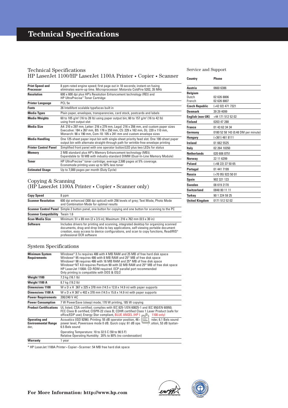 Technical specifications, Copying & scanning (hp laserjet 1100a printer, Copier | Scanner only), System specifications, Scanner | HP 1100 User Manual | Page 6 / 8