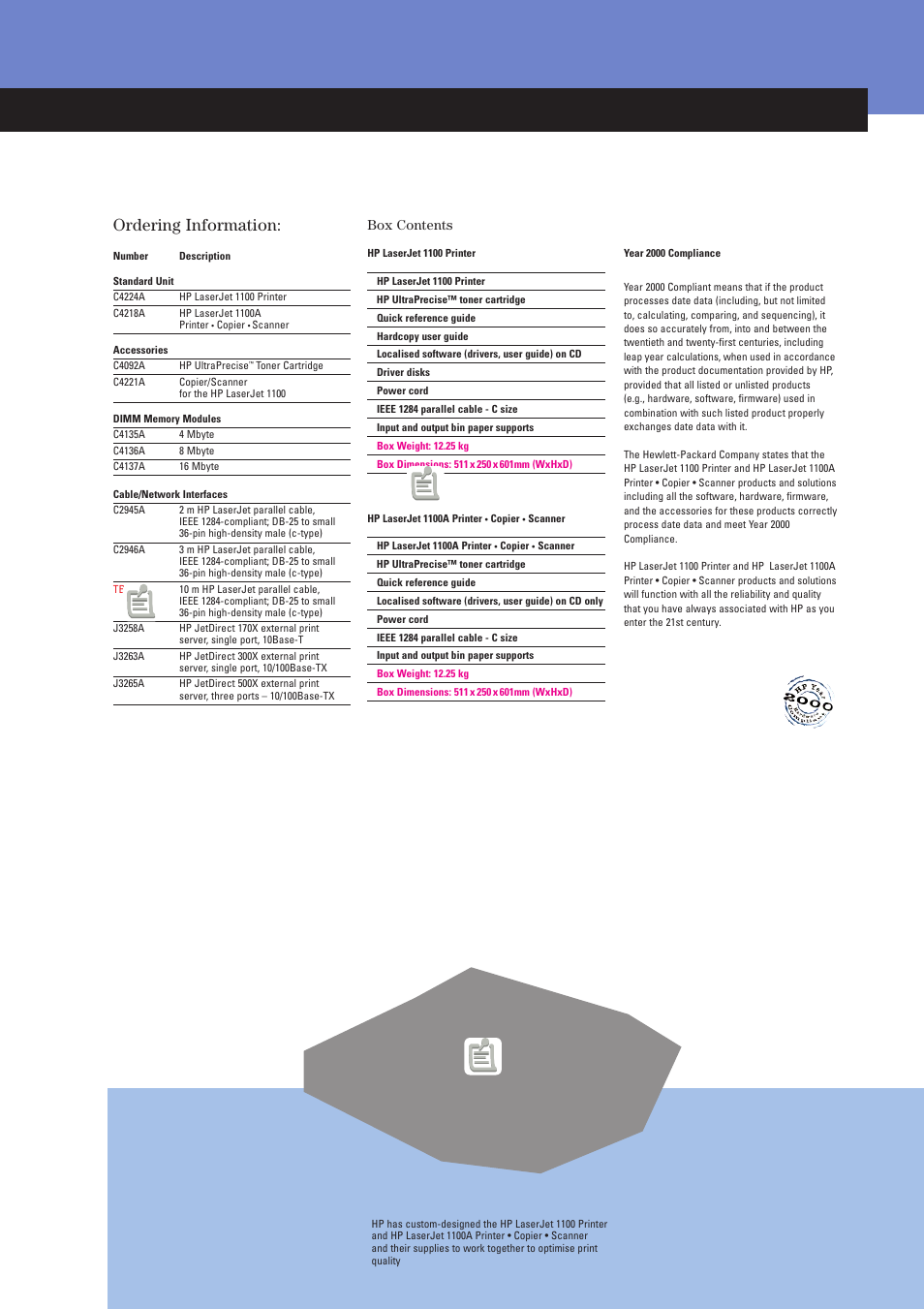 Ordering information, Box contents | HP 1100 User Manual | Page 7 / 8