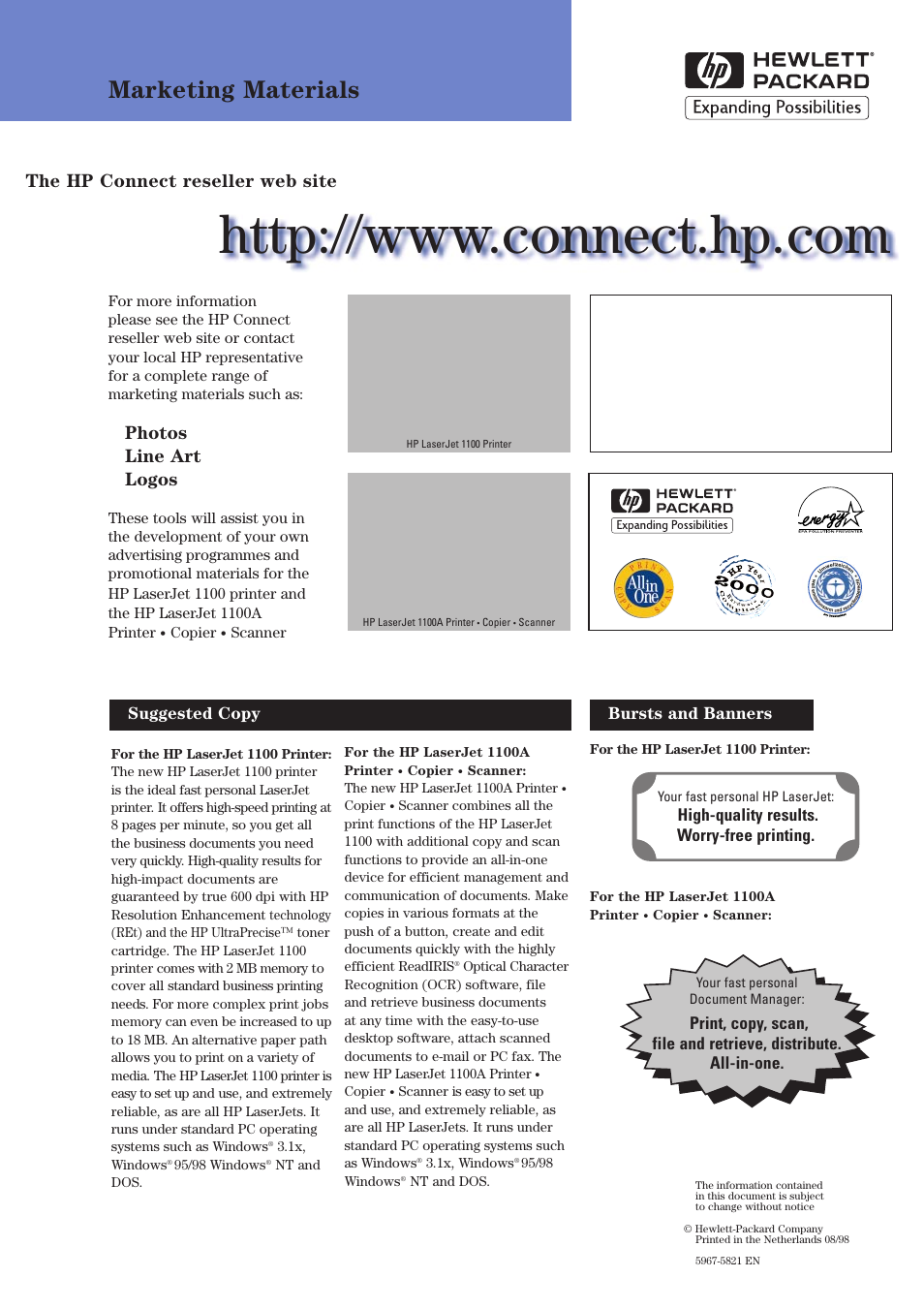 Marketing materials, Photos, Line art | Logos, The hp connect reseller web site | HP 1100 User Manual | Page 8 / 8
