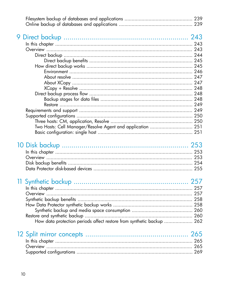 9 direct backup, 10 disk backup, 11 synthetic backup | 12 split mirror concepts | HP B6960-96035 User Manual | Page 10 / 422