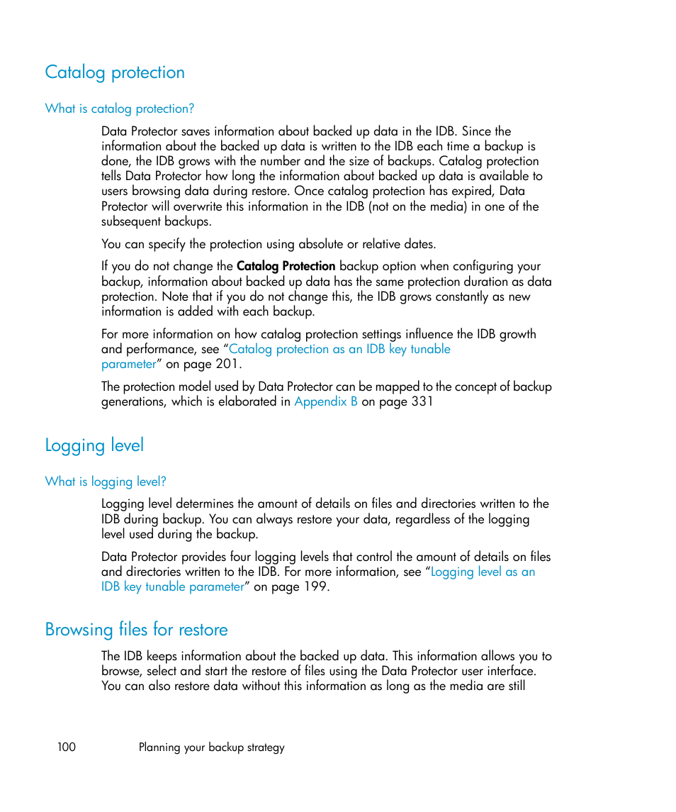 Catalog protection, Logging level, Browsing files for restore | 100 logging level, 100 browsing files for restore | HP B6960-96035 User Manual | Page 100 / 422