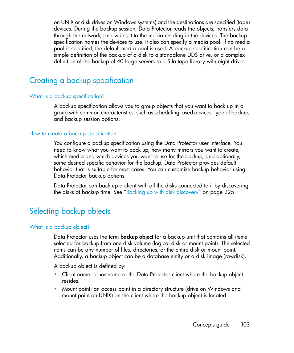 Creating a backup specification, Selecting backup objects, 103 selecting backup objects | HP B6960-96035 User Manual | Page 103 / 422
