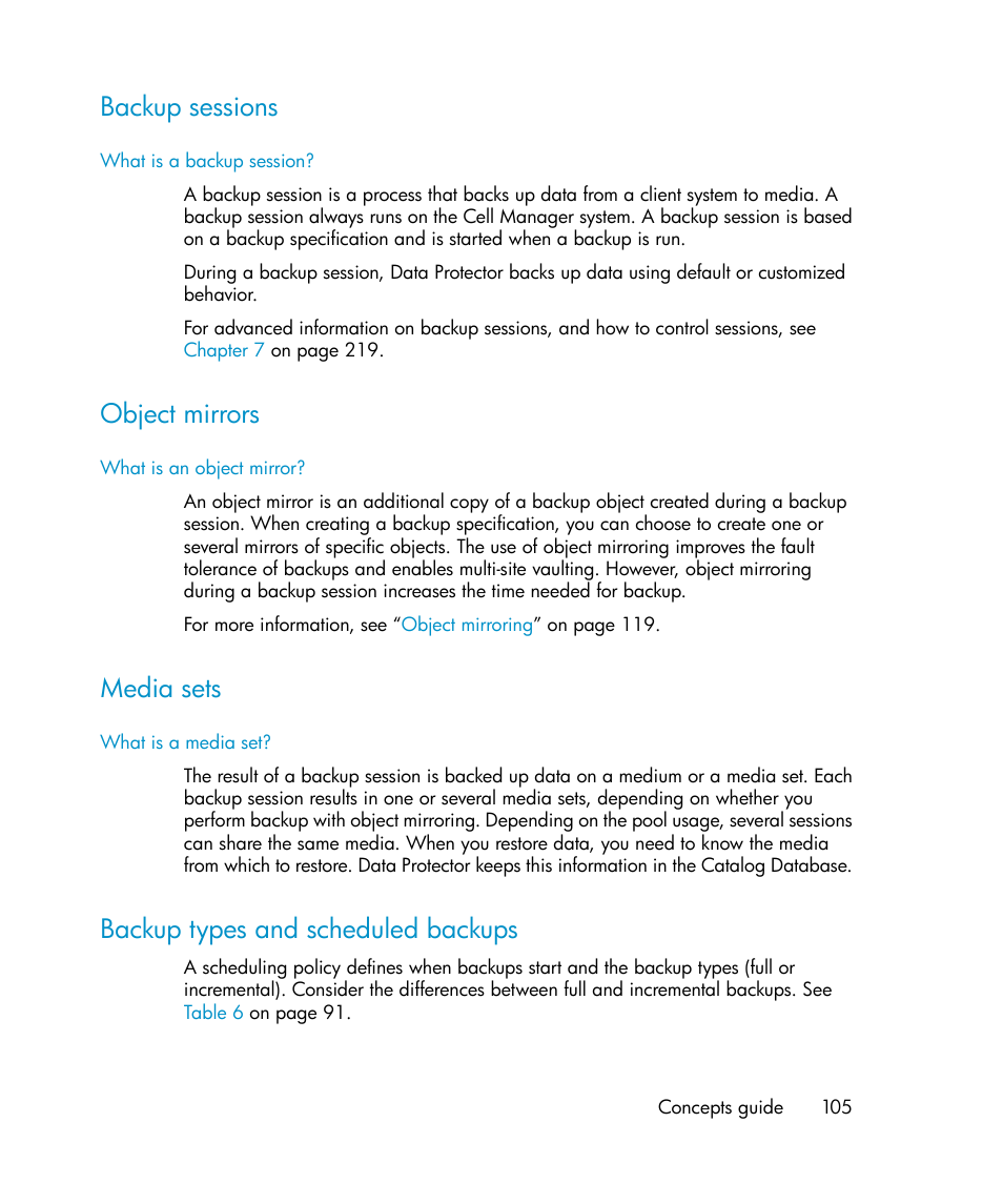 Backup sessions, Object mirrors, Media sets | Backup types and scheduled backups, 105 object mirrors, 105 media sets, 105 backup types and scheduled backups | HP B6960-96035 User Manual | Page 105 / 422