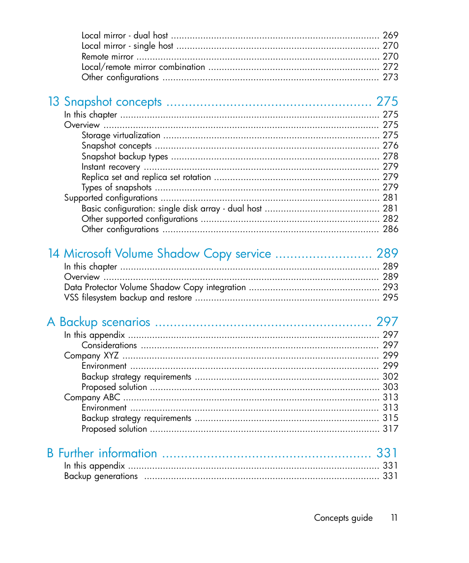 13 snapshot concepts, 14 microsoft volume shadow copy service, A backup scenarios | B further information | HP B6960-96035 User Manual | Page 11 / 422