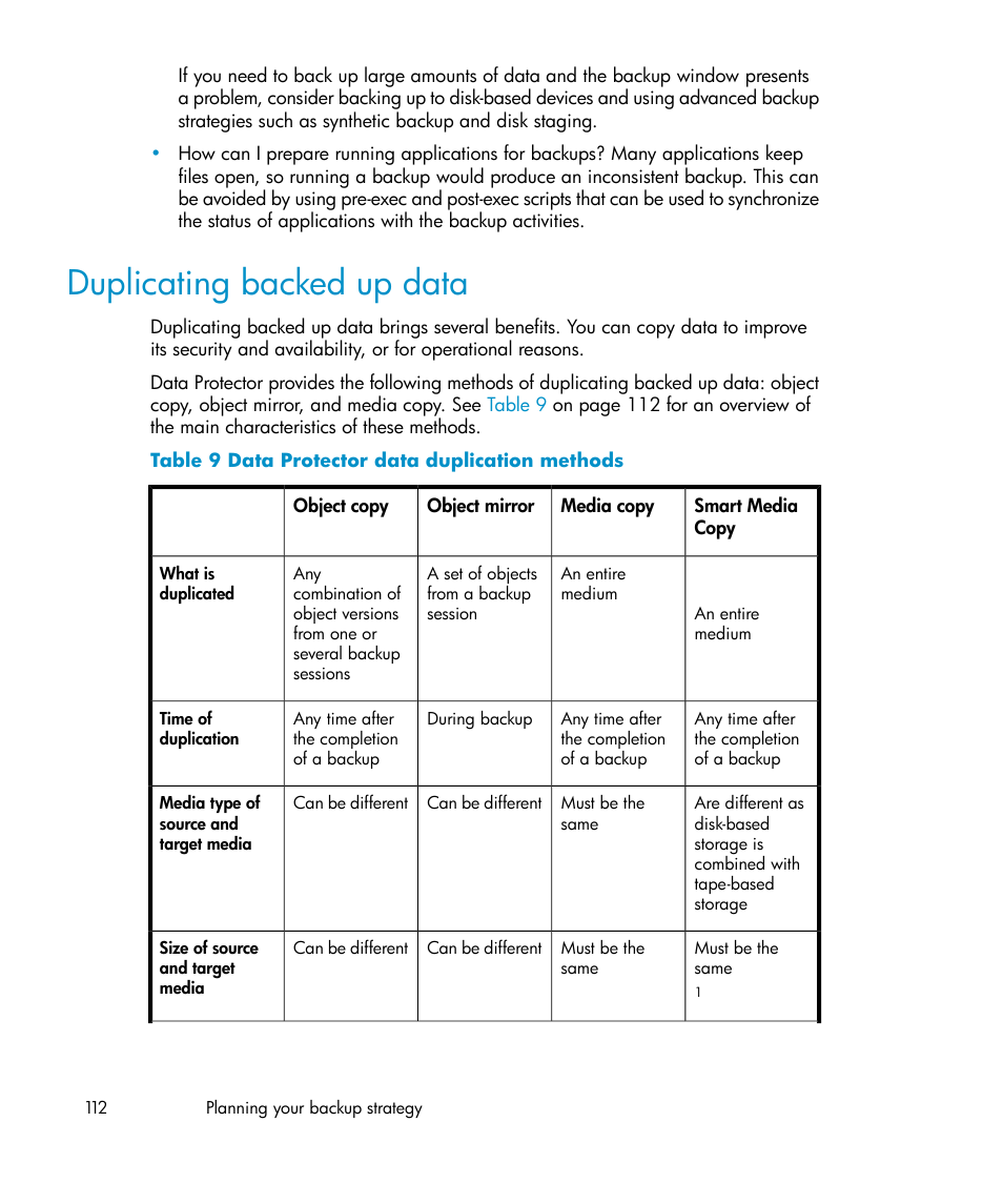 Duplicating backed up data, Data protector data duplication methods | HP B6960-96035 User Manual | Page 112 / 422