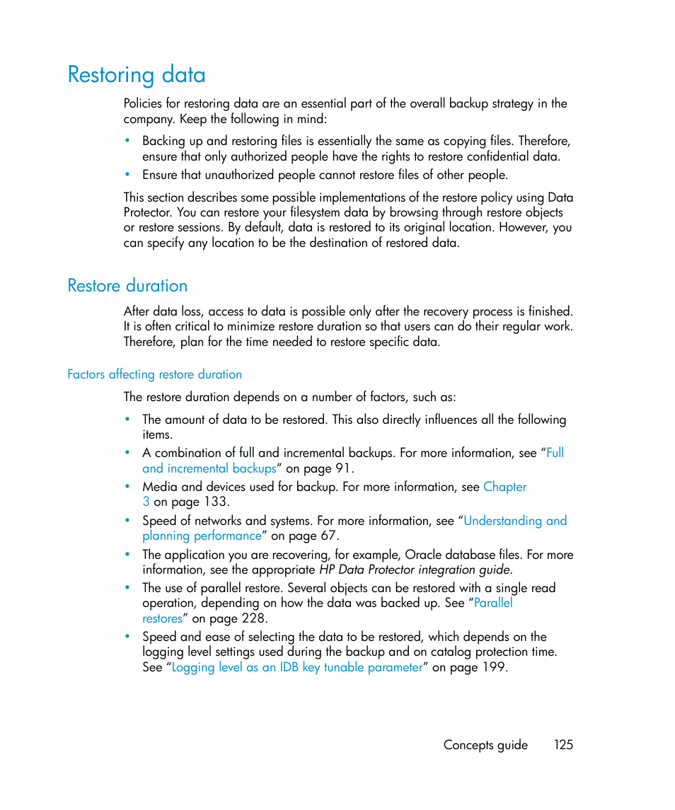 Restoring data, Restore duration | HP B6960-96035 User Manual | Page 125 / 422
