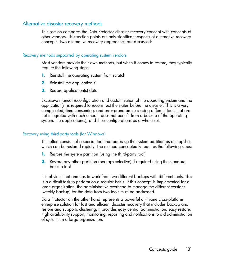 Alternative disaster recovery methods, Recovery using third-party tools (for windows) | HP B6960-96035 User Manual | Page 131 / 422