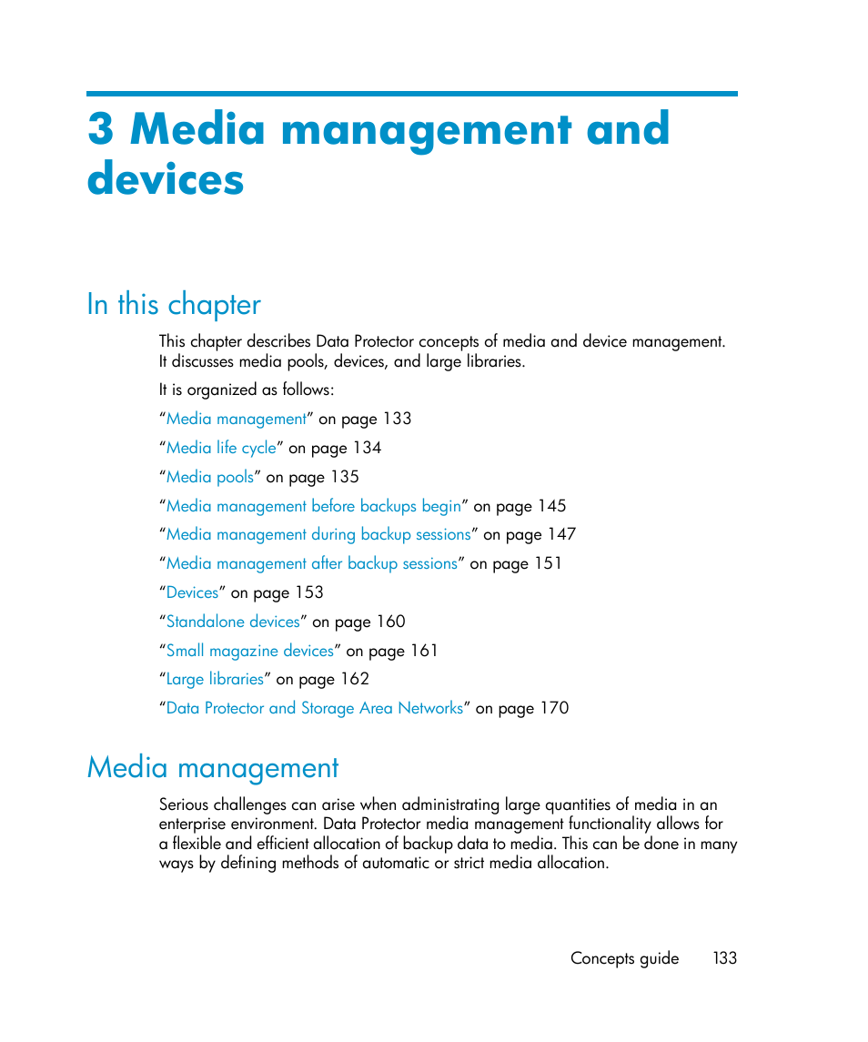 3 media management and devices, In this chapter, Media management | 133 media management, Chapter | HP B6960-96035 User Manual | Page 133 / 422