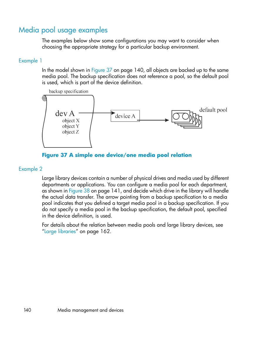 Media pool usage examples, A simple one device/one media pool relation | HP B6960-96035 User Manual | Page 140 / 422