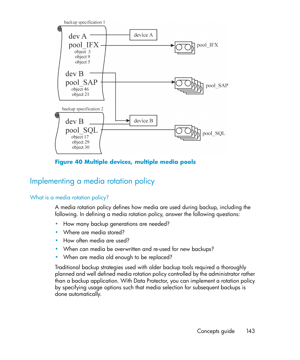 Implementing a media rotation policy, Multiple devices, multiple media pools, Implementing a media rotation | Policy | HP B6960-96035 User Manual | Page 143 / 422