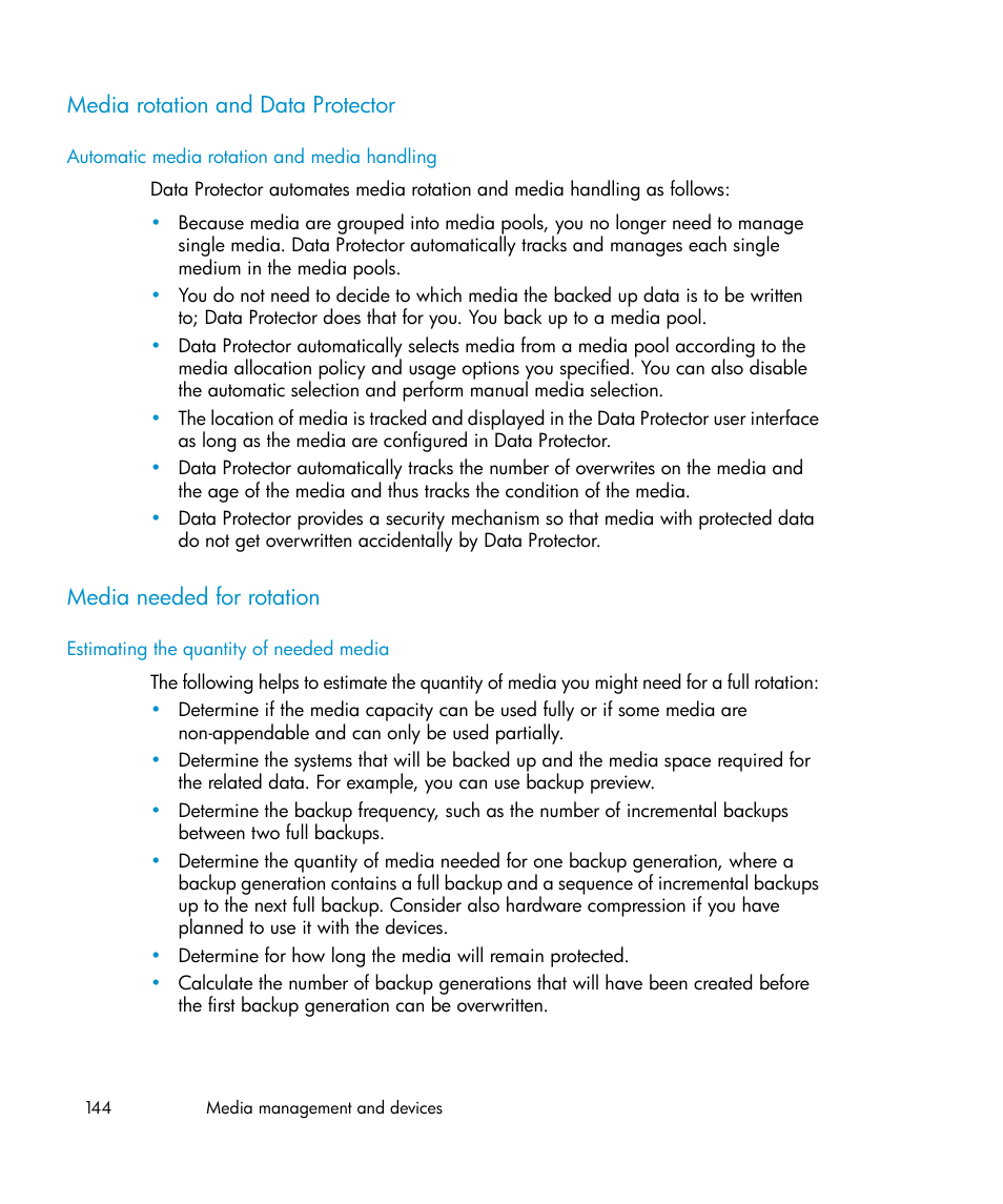 Media rotation and data protector, Media needed for rotation, 144 media needed for rotation | HP B6960-96035 User Manual | Page 144 / 422