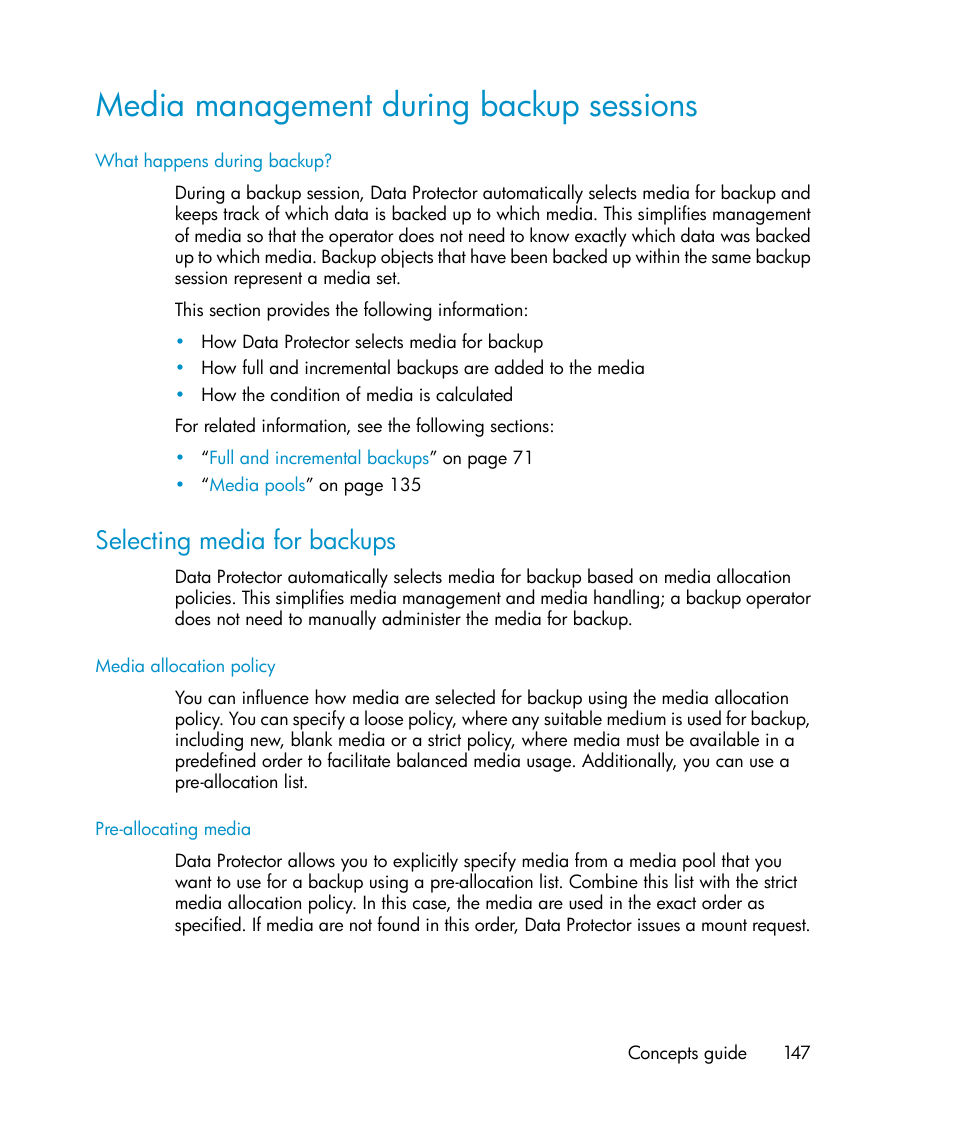 Media management during backup sessions, Selecting media for backups, Media management during backup | Sessions | HP B6960-96035 User Manual | Page 147 / 422