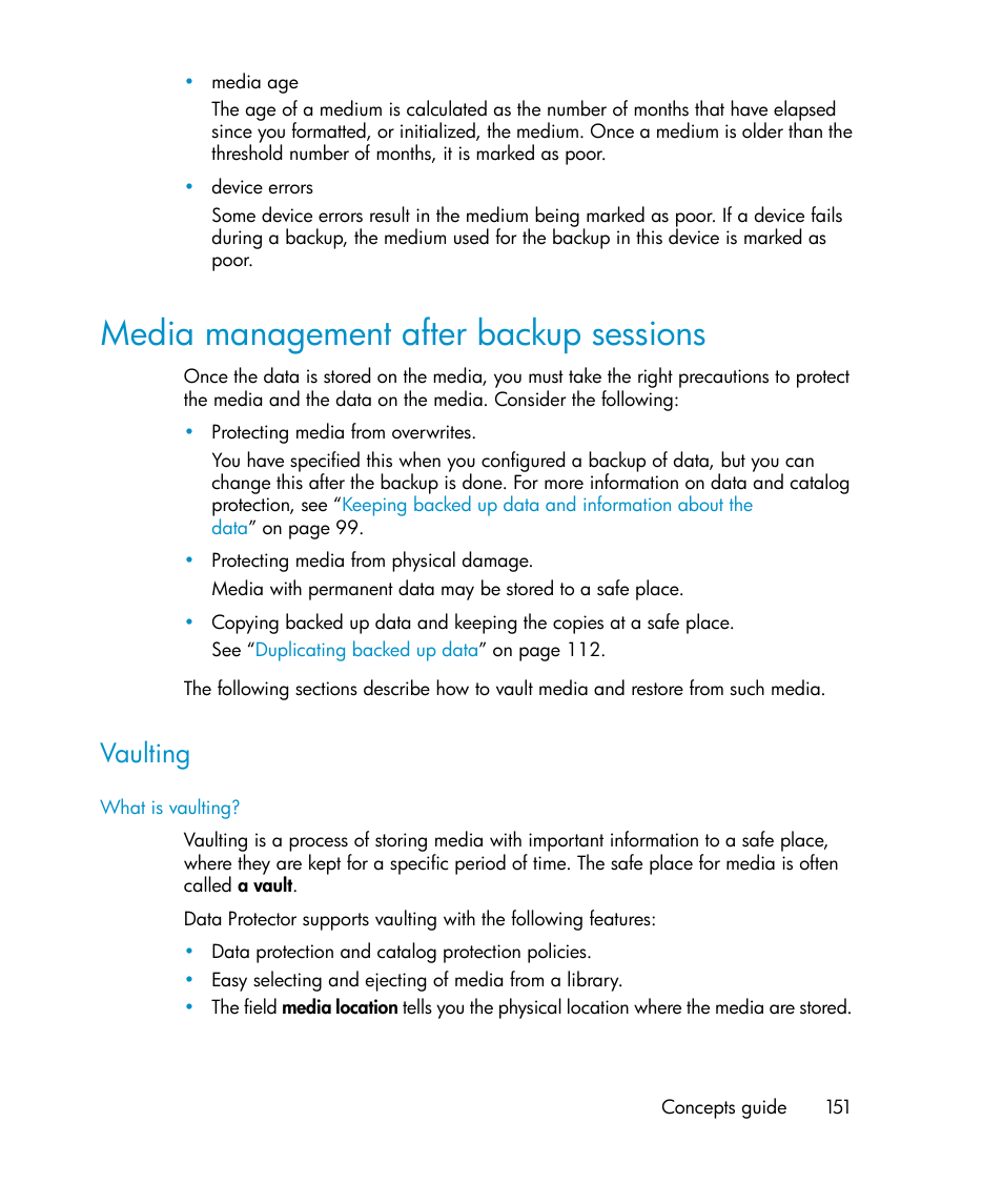 Media management after backup sessions, Vaulting, Media management after backup | Sessions | HP B6960-96035 User Manual | Page 151 / 422